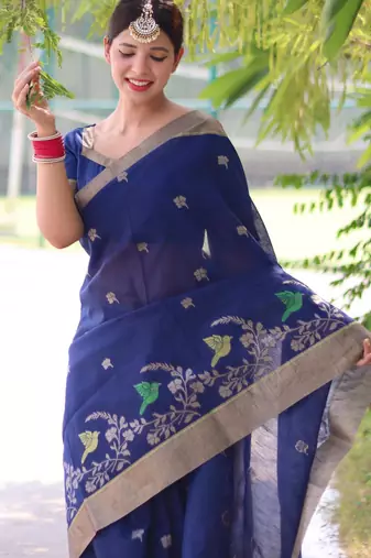 Blue color pure linen silk blend jamdani type weaving border saree with blouse