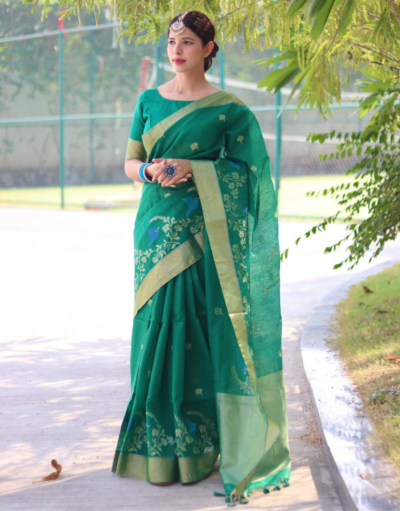 Green color pure linen silk jamdani type weaving border saree with blouse