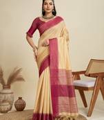 Chiku color khadi raw silk temple border saree with blouse