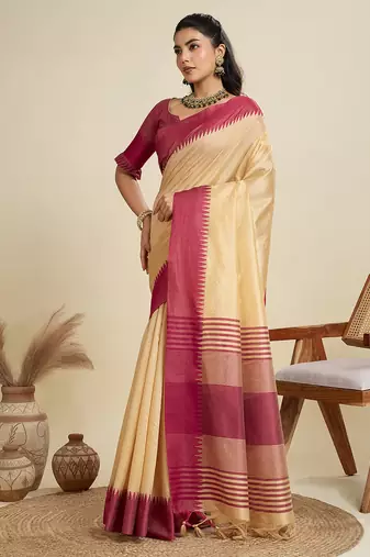 Chiku color khadi  silk blend temple border saree with blouse