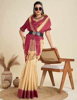 Chiku khadi silk blend temple border saree with blouse 4