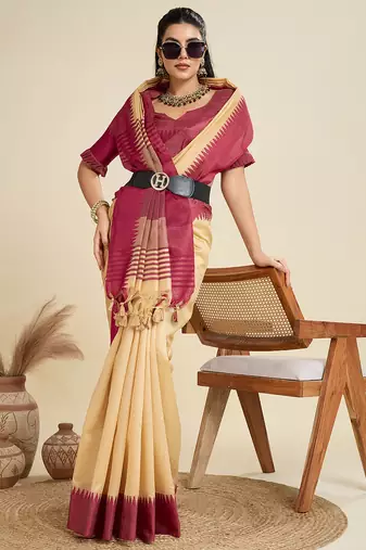 Chiku color khadi  silk blend temple border saree with blouse