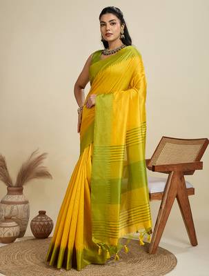 Yellow color khadi  silk blend temple border saree with blouse 2