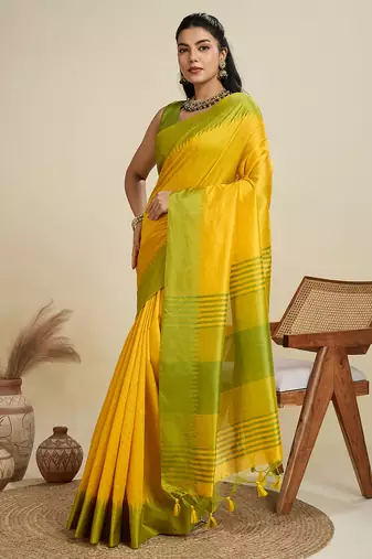 Yellow color khadi  silk blend temple border saree with blouse