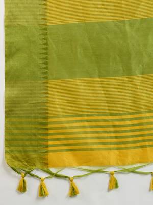 Yellow color khadi  silk blend temple border saree with blouse 5