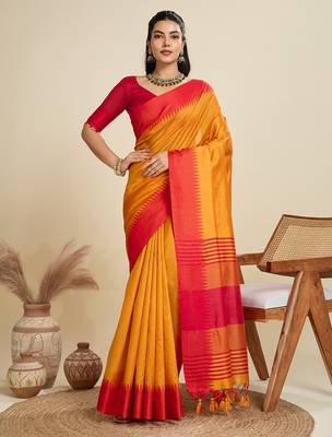 Musturd color khadi  silk blend temple border saree with blouse 1
