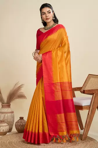 Musturd color khadi  silk blend temple border saree with blouse