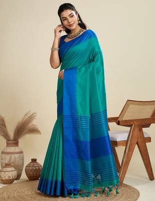 Sky blue color khadi  silk blend temple border saree with blouse 2