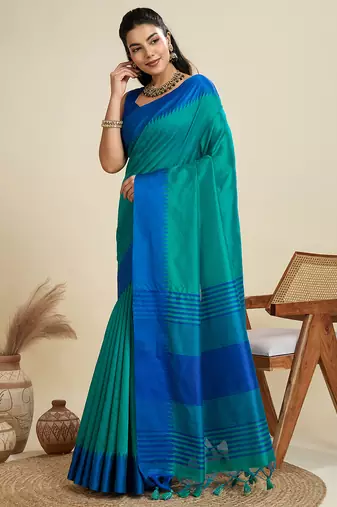 Sky blue color khadi  silk blend temple border saree with blouse
