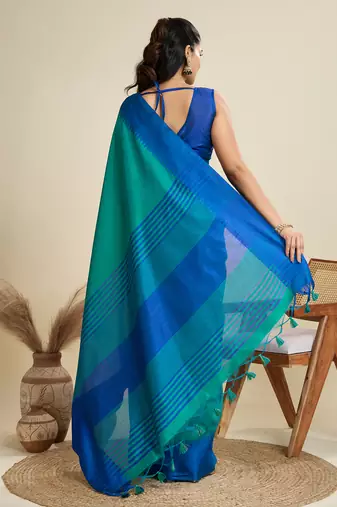 Sky blue color khadi  silk blend temple border saree with blouse