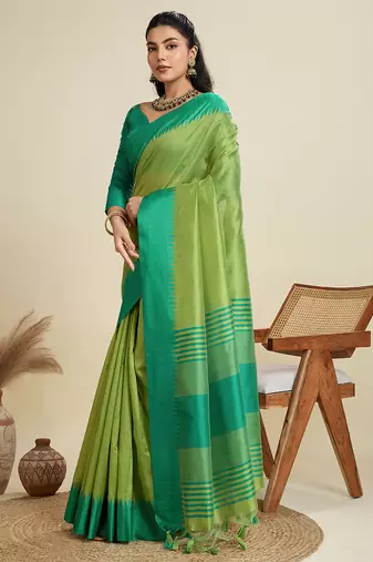 Green color khadi  silk blend temple border saree with blouse