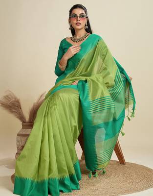 Green color khadi  silk blend temple border saree with blouse 4