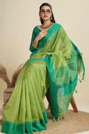 Green color khadi  silk blend temple border saree with blouse