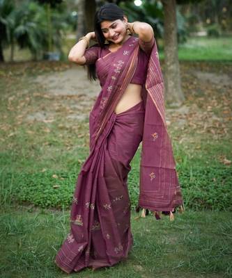 Purple khadi tussar silk blend thread & kantha stitched border saree with blouse 1
