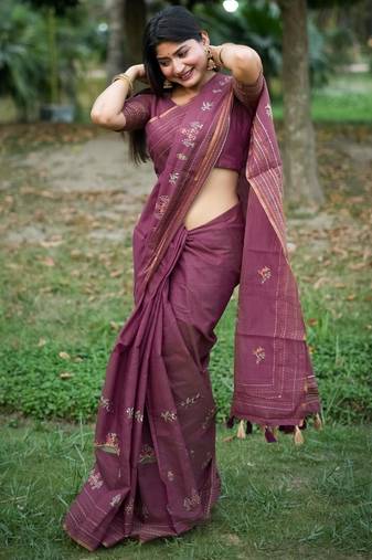 Purple color khadi tussar silk thread & kantha stitched border saree with blouse