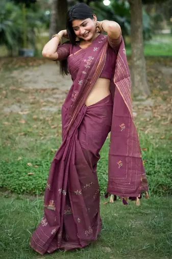 Purple color khadi tussar silk thread & kantha stitched border saree with blouse