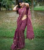 Purple color khadi tussar silk thread & kantha stitched border saree with blouse