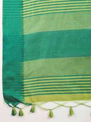Green color khadi  silk blend temple border saree with blouse 5