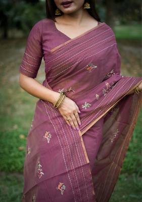 Purple khadi tussar silk blend thread & kantha stitched border saree with blouse 2