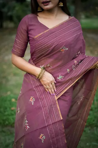Purple color khadi tussar silk blend thread & kantha stitched border saree with blouse