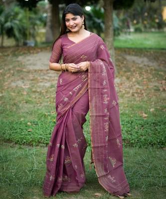 Purple khadi tussar silk blend thread & kantha stitched border saree with blouse 3