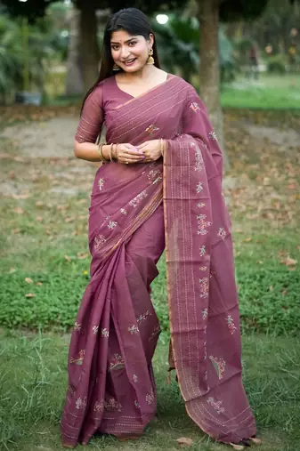 Purple color khadi tussar silk blend thread & kantha stitched border saree with blouse
