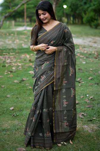 Green color khadi tussar silk thread & kantha stitched border saree with blouse
