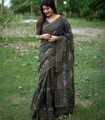 Green color khadi tussar silk thread & kantha stitched border saree with blouse