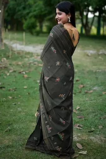 Green color khadi tussar silk blend thread & kantha stitched border saree with blouse