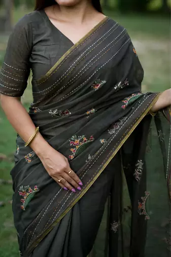 Green color khadi tussar silk blend thread & kantha stitched border saree with blouse
