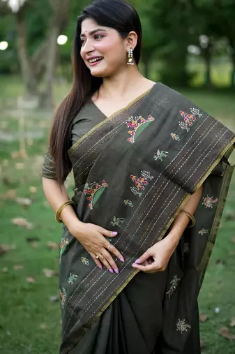 Green color khadi tussar silk blend thread & kantha stitched border saree with blouse