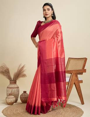 Peach color khadi  silk blend temple border saree with blouse 2