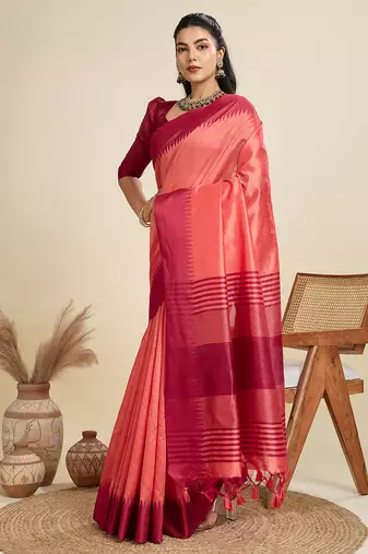 Peach color khadi  silk blend temple border saree with blouse