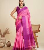 Pink color khadi raw silk temple border saree with blouse
