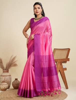 Pink color khadi  silk blend temple border saree with blouse 2