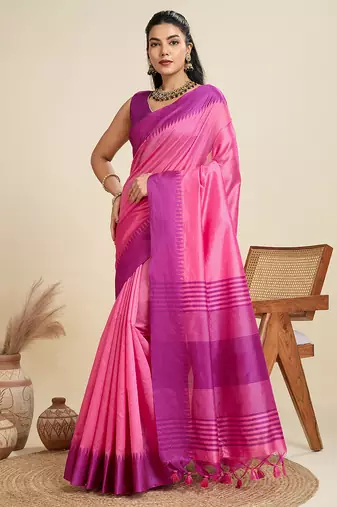 Pink color khadi  silk blend temple border saree with blouse