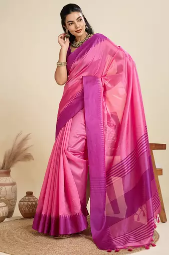 Pink color khadi  silk blend temple border saree with blouse