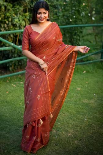 Multicolor color khadi tussar silk thread & kantha stitched border saree with blouse