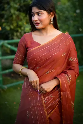 Multicolor color khadi tussar silk blend thread & kantha stitched border saree with blouse