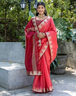Gajri semi tussar silk blend saree with all over bandhani style butti weaves saree with blouse 1