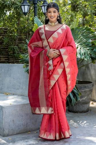 Gajri color semi tussar silk saree with all over bandhani style butti weaves saree with blouse