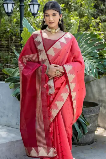 Gajri color semi tussar silk blend saree with all over bandhani style butti weaves saree with blouse