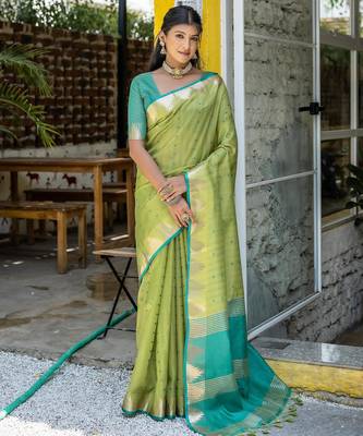 Pista color semi tussar silk blend saree with all over bandhani style butti weaves saree with blouse 1