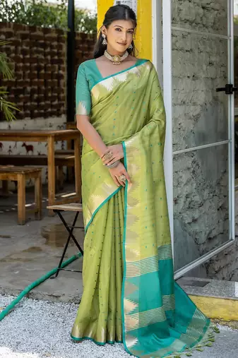 Pista color semi tussar silk saree with all over bandhani style butti weaves saree with blouse