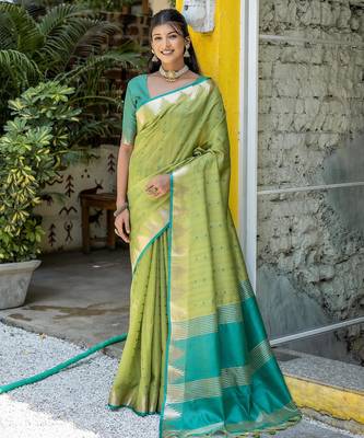 Pista color semi tussar silk blend saree with all over bandhani style butti weaves saree with blouse 2