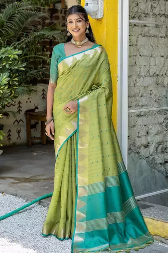 Pista color semi tussar silk blend saree with all over bandhani style butti weaves saree with blouse