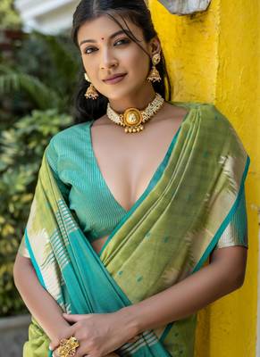 Pista color semi tussar silk blend saree with all over bandhani style butti weaves saree with blouse 3