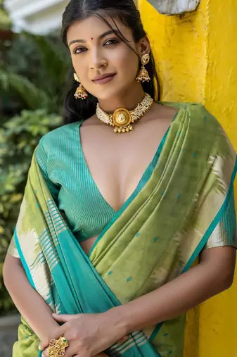 Pista color semi tussar silk blend saree with all over bandhani style butti weaves saree with blouse