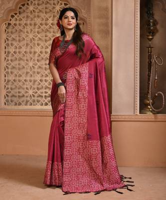 Pink color banglori handloom raw silk with rich weaving pallu saree with blouse piece 1