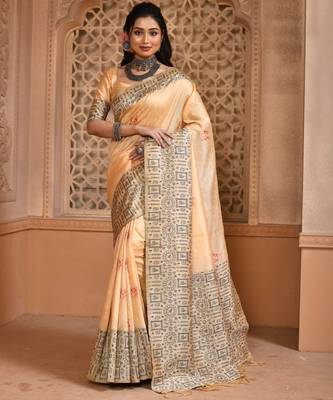 Cream color banglori handloom  silk blend with rich weaving pallu saree with blouse piece 1